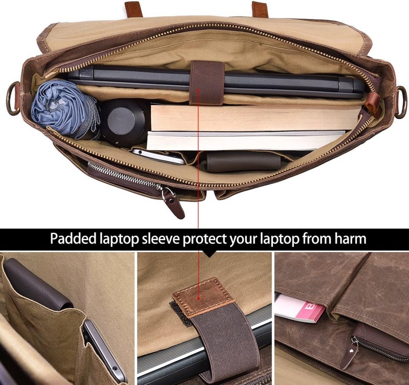 NEWHEY Mens Messenger Bag 15.6 Inch Waterproof Vintage Genuine Leather Waxed Canvas Briefcase Large Leather Computer Laptop Bag Rugged Satchel Shoulder Bag, Brown - Image 4